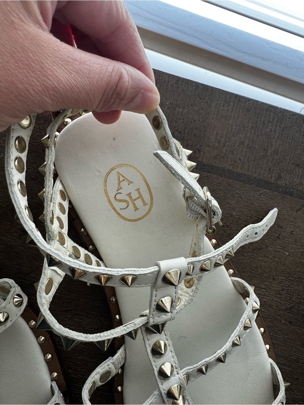 Ash White Pyramid Stud T-Strap Gladiator Sandals - Picture 3 of 4